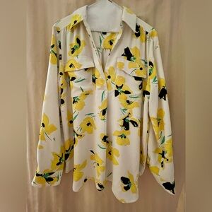 Ann Taylor Yellow Floral V-Neck Popover Blouse on White